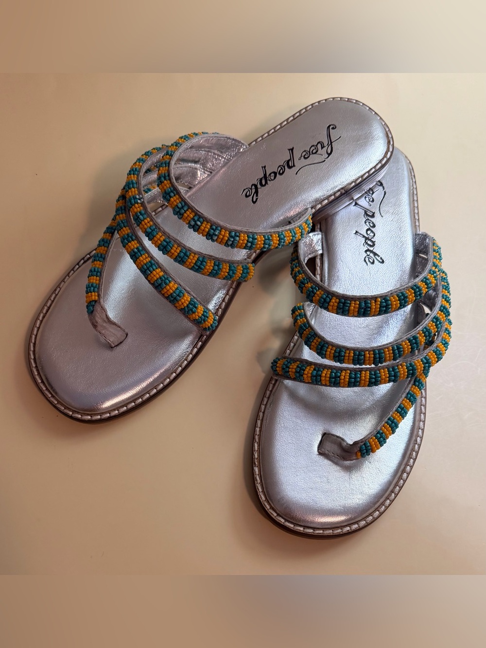 Free People Beatrice Beaded Flat Sandals Platino Silver Combo Size 38